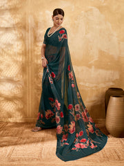 Dark Green Geogette Floral Printed Saree sedora couture
