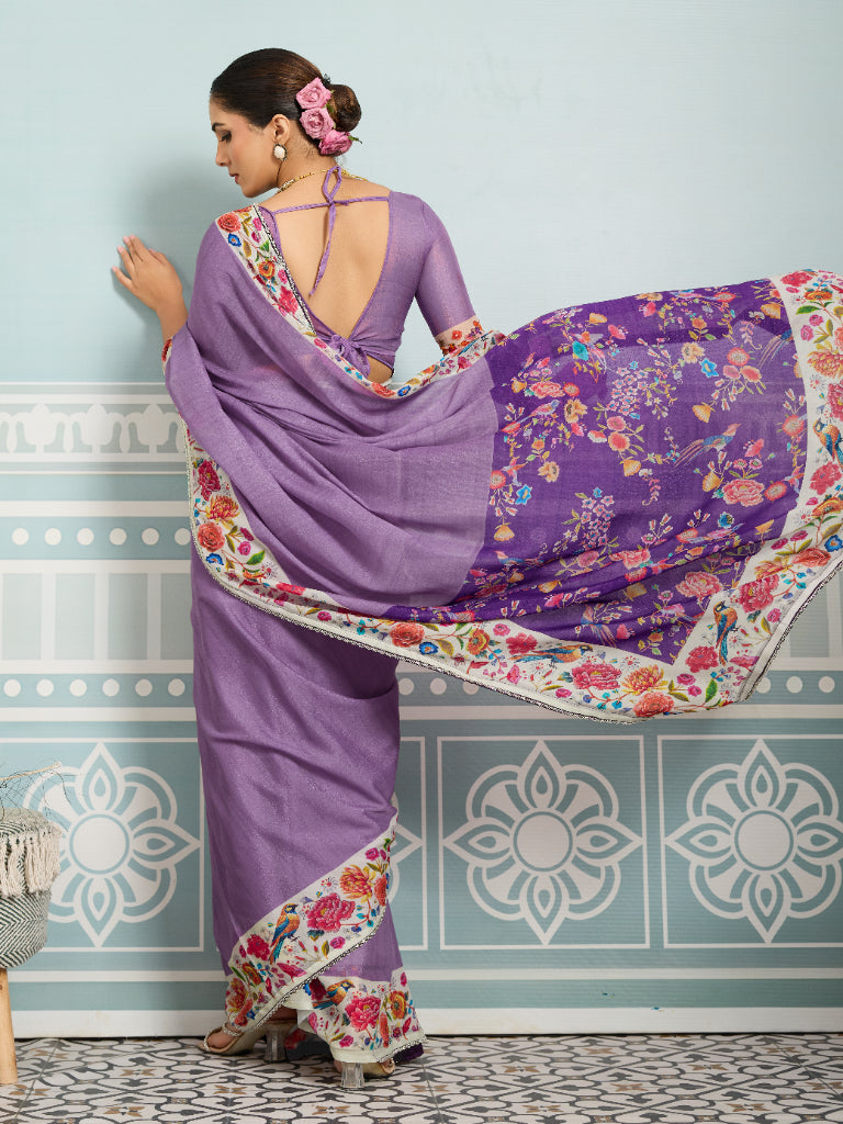 Purple Sparkle Georgette Printed Saree with Beaded Border sedora couture