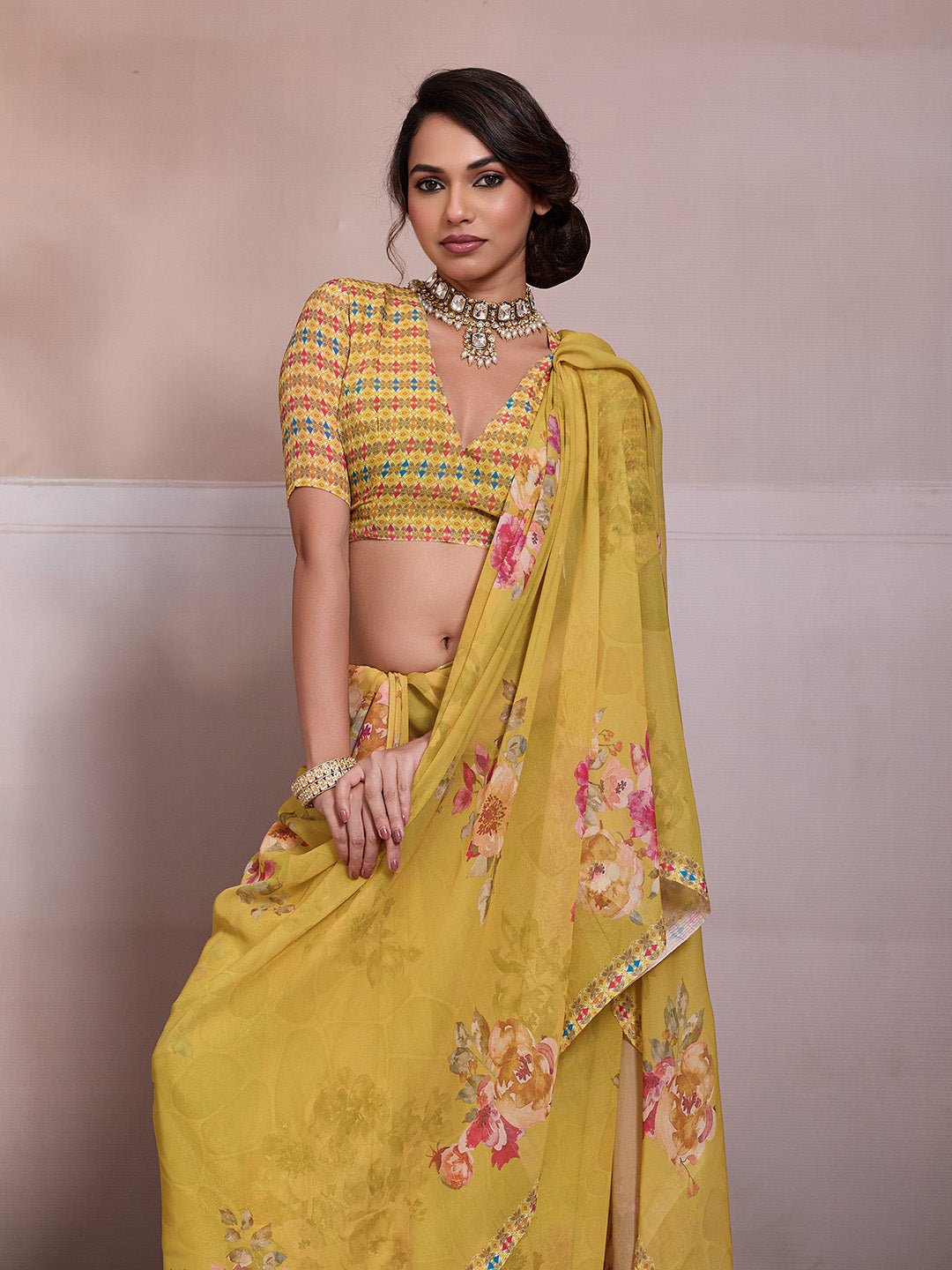 Yellow Georgette Floral Printed Saree