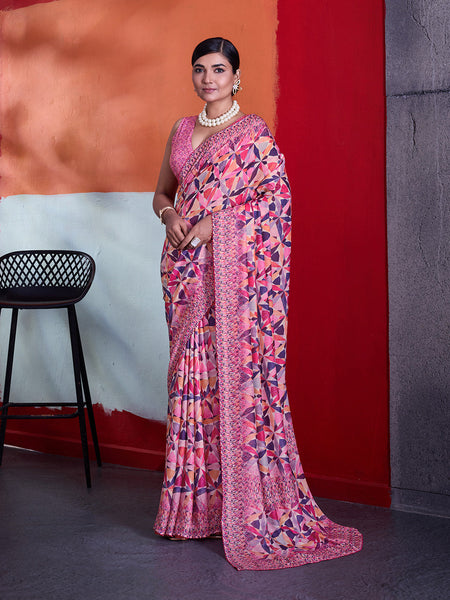 Pink Cotton Crepe Geometrical Printed Saree sedora couture