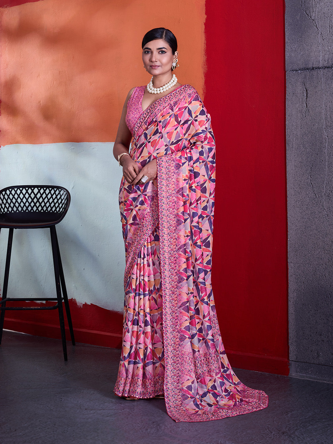 Pink Cotton Crepe Geometrical Printed Saree