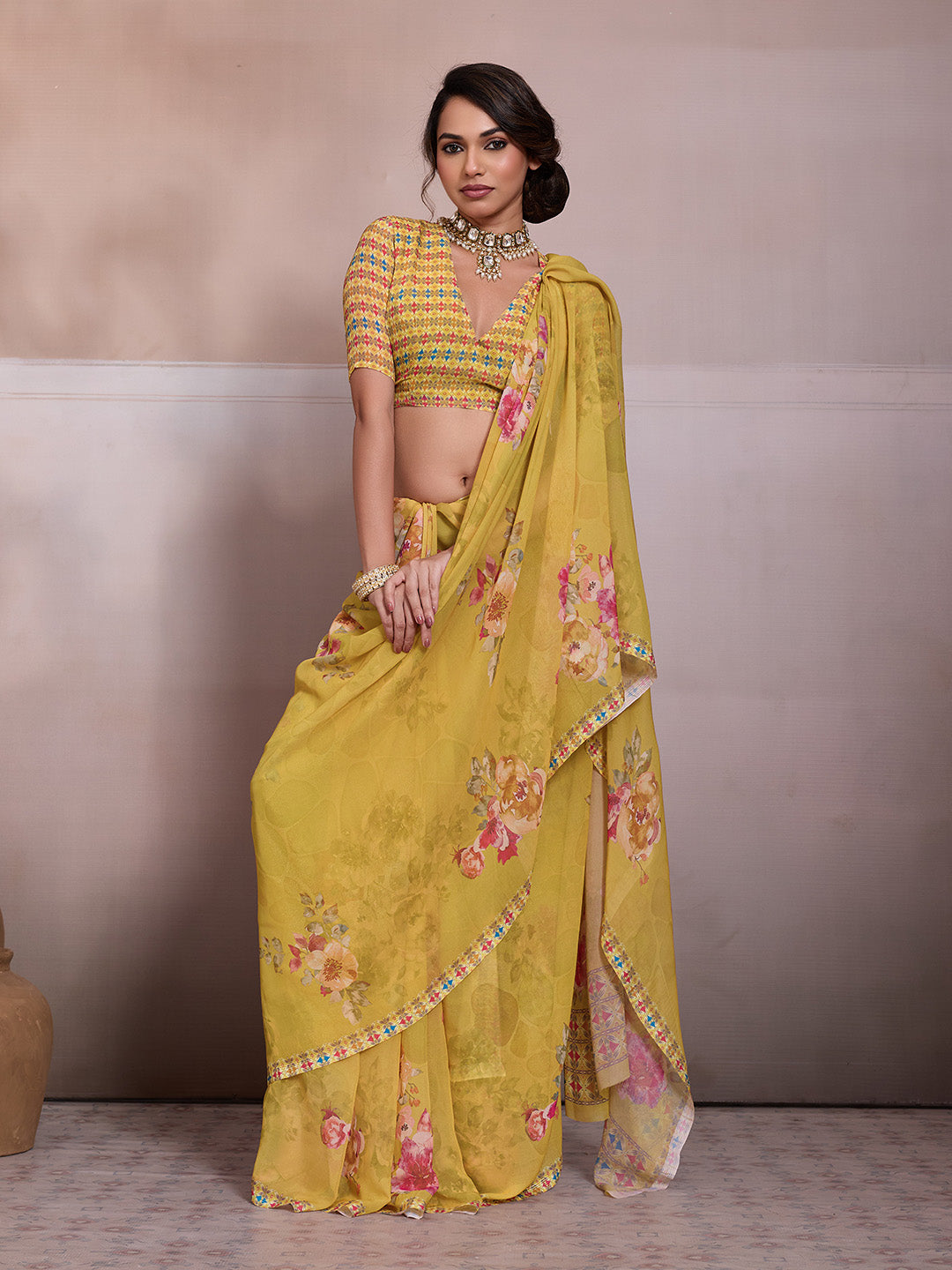 Yellow Georgette Floral Printed Saree