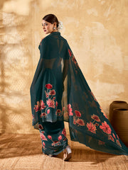 Dark Green Geogette Floral Printed Saree sedora couture