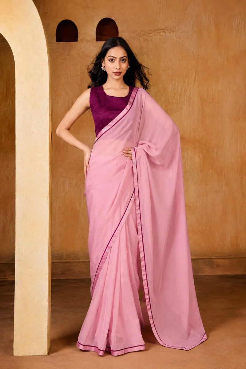 Pink Georgette Solid Printed Saree sedora couture