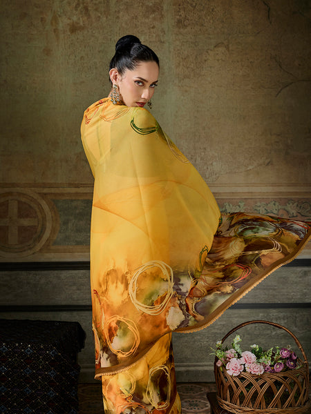 Mustard Georgette Floral Printed Saree sedora couture