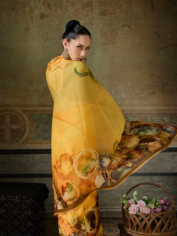 Mustard Georgette Floral Printed Saree sedora couture