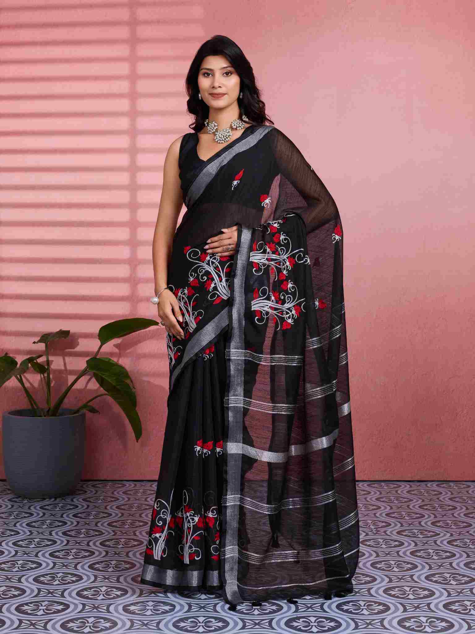 Cotton Black Floral Embroidery Saree