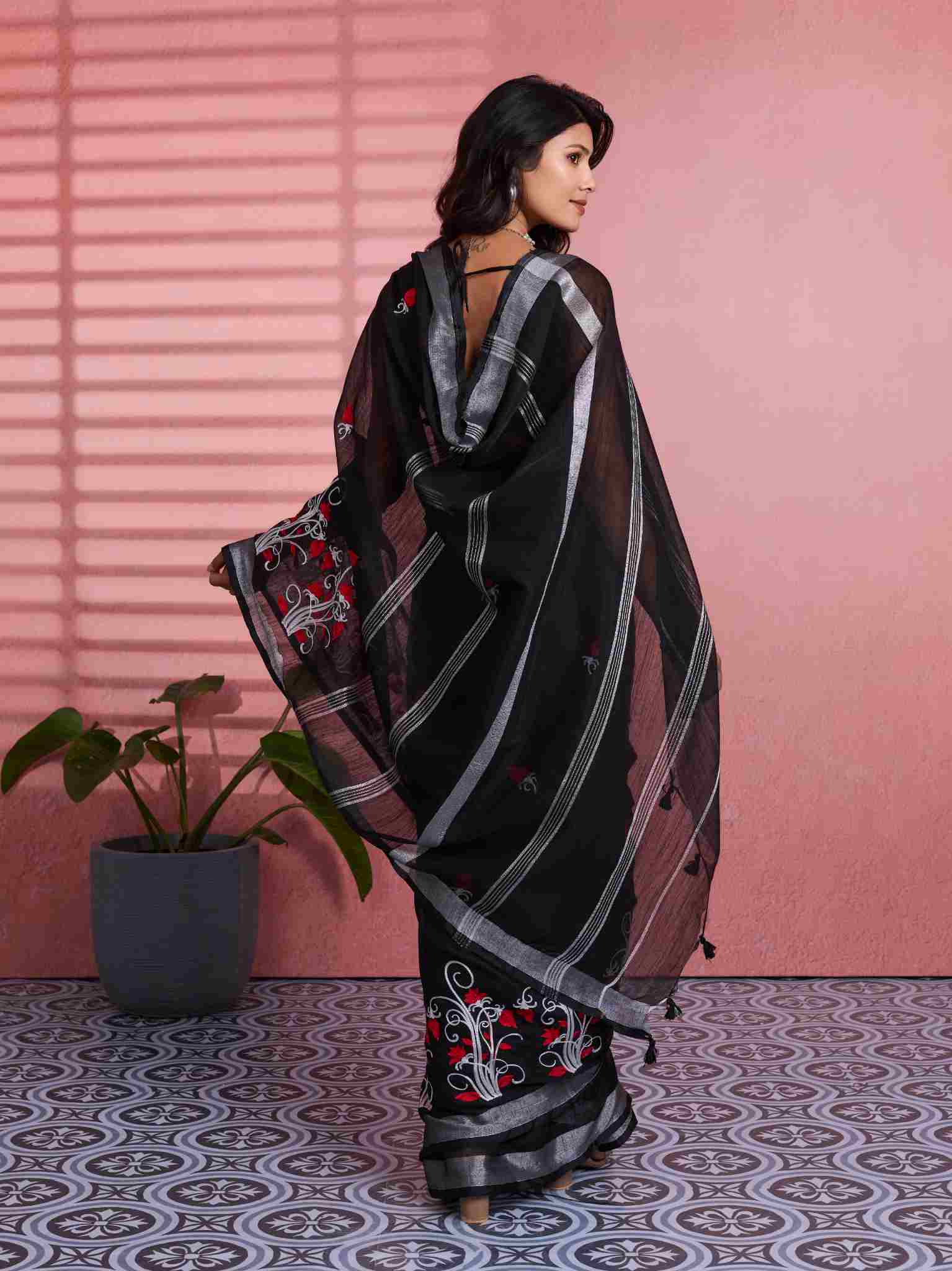 Cotton Black Floral Embroidery Saree