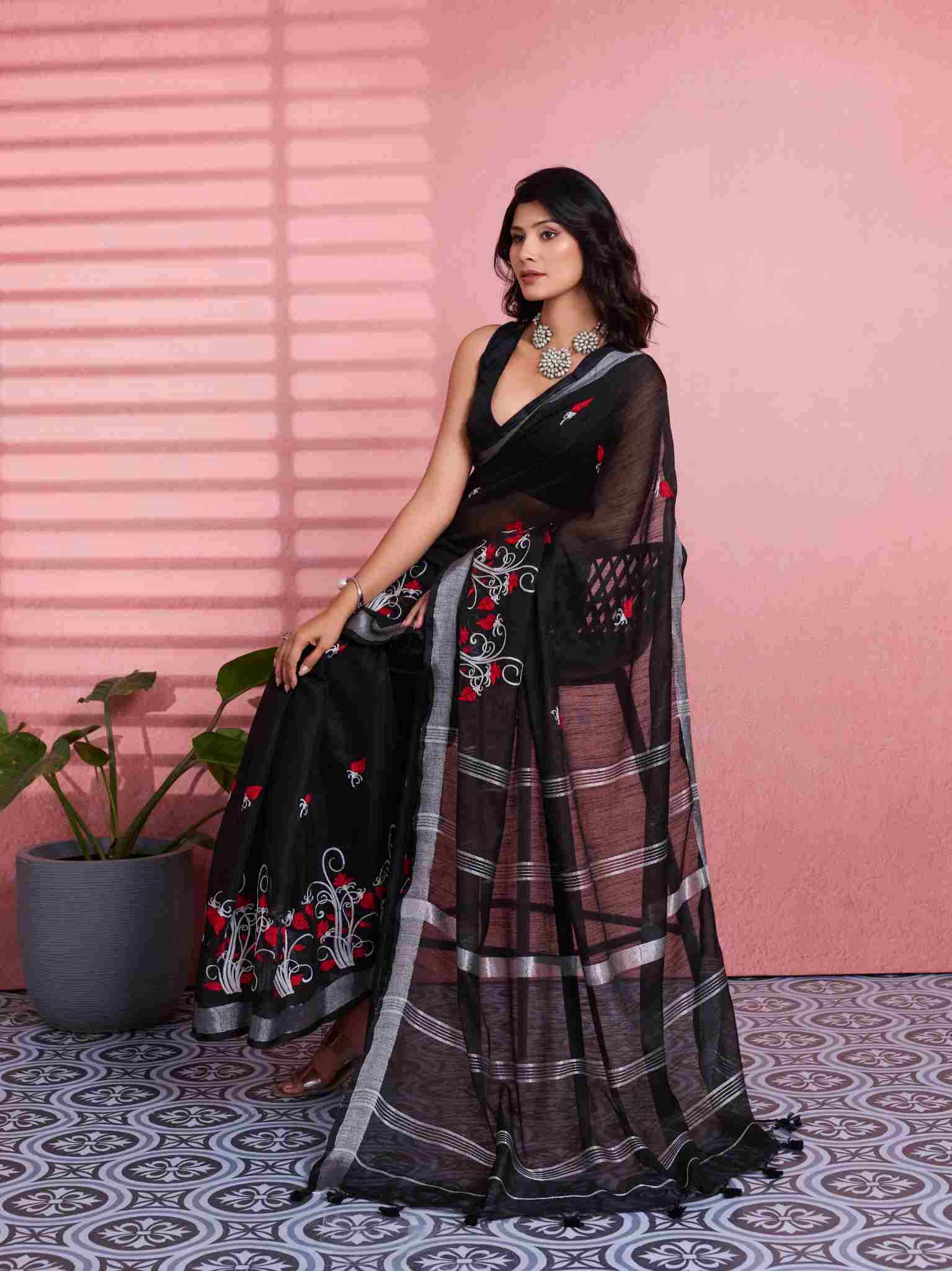 Cotton Black Floral Embroidery Saree