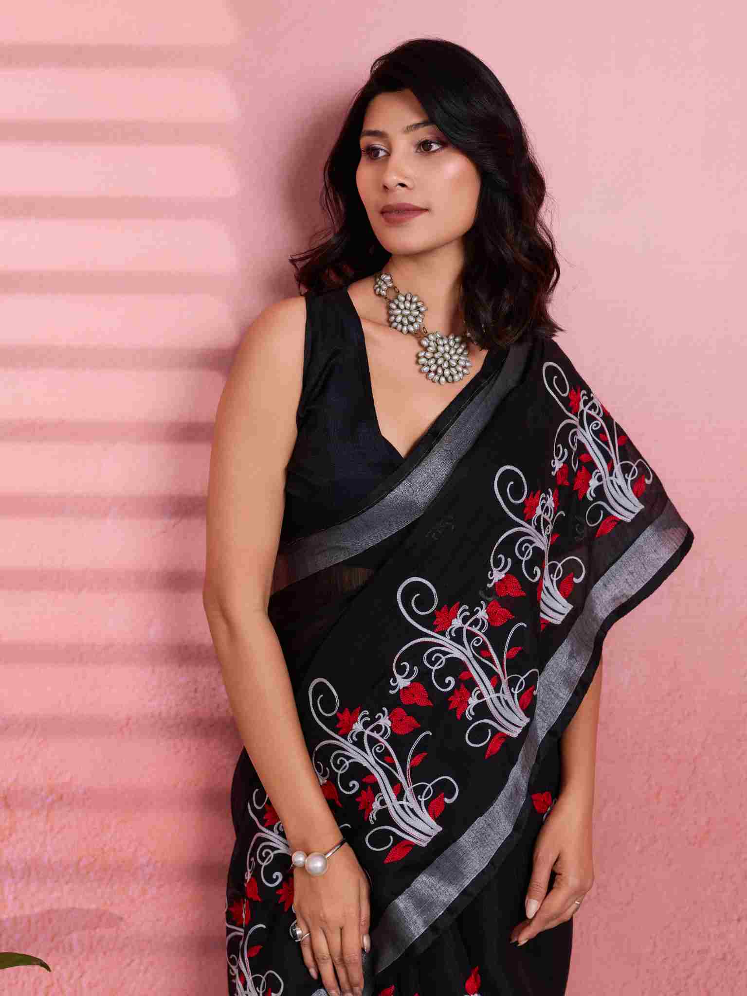 Cotton Black Floral Embroidery Saree