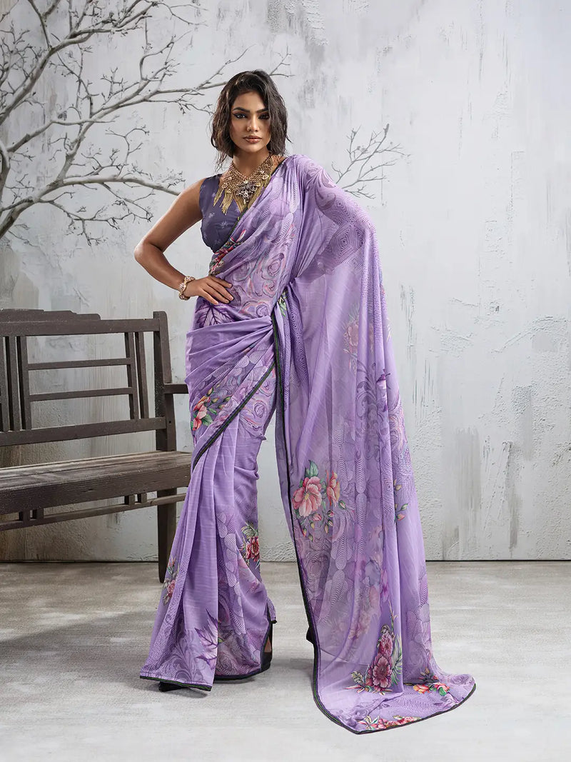 Purple Georgette Floral Printed Saree sedora couture