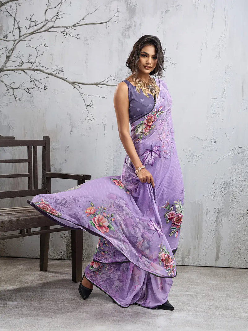 Purple Georgette Floral Printed Saree sedora couture