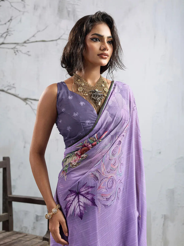 Purple Georgette Floral Printed Saree sedora couture
