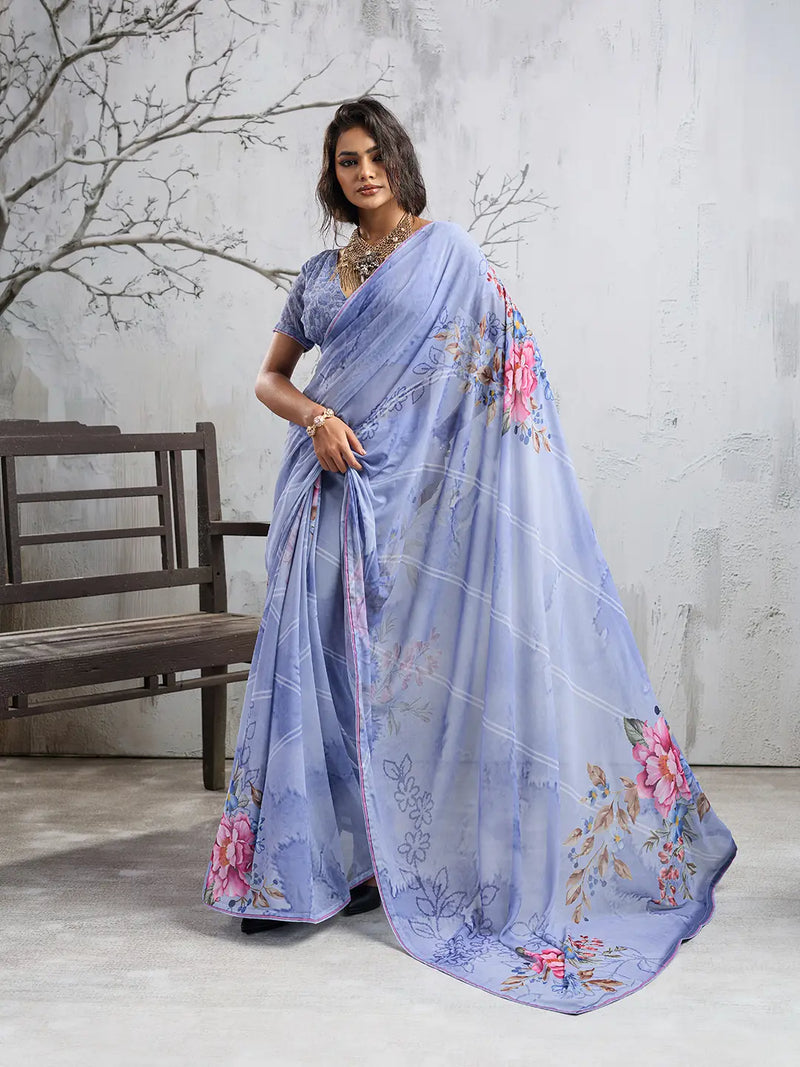 Sky Blue Georgette Floral Printed Saree sedora couture