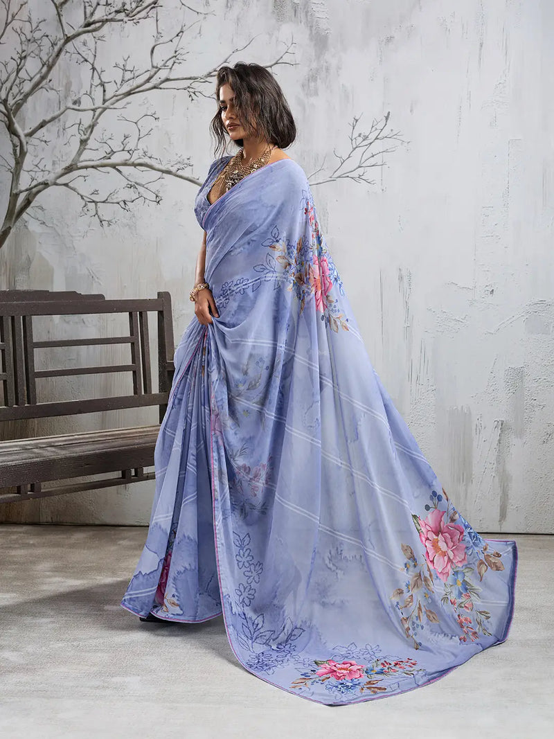 Sky Blue Georgette Floral Printed Saree sedora couture