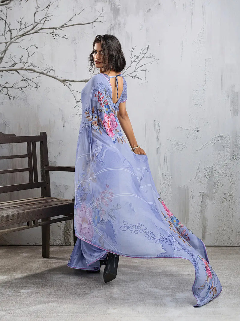 Sky Blue Georgette Floral Printed Saree sedora couture