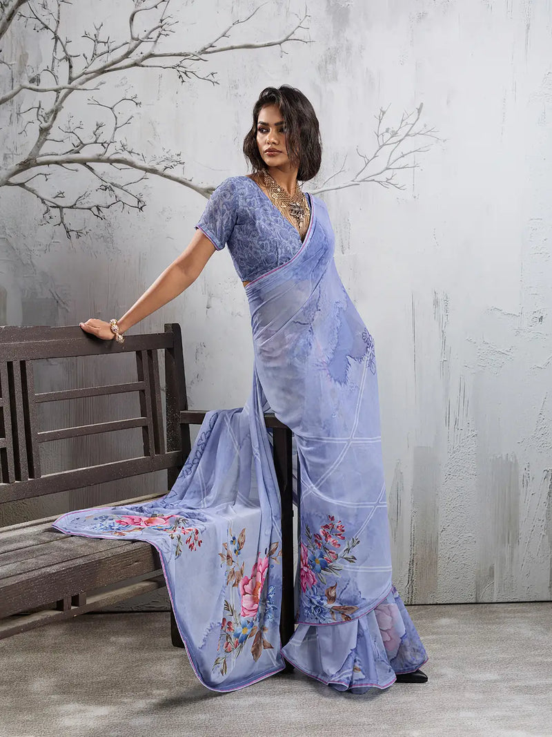 Sky Blue Georgette Floral Printed Saree sedora couture