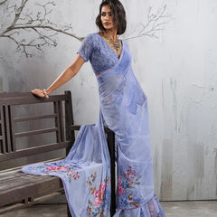 Sky Blue Georgette Floral Printed Saree sedora couture