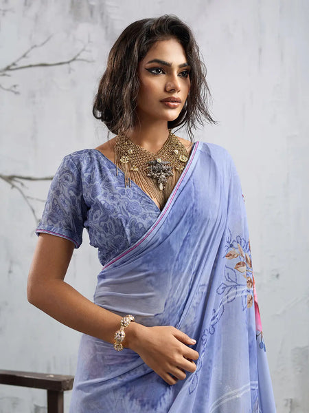 Sky Blue Georgette Floral Printed Saree sedora couture