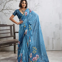 Blue Georgette Floral Printed Saree sedora couture