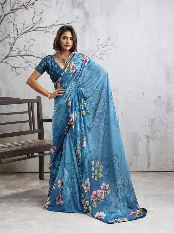 Blue Georgette Floral Printed Saree sedora couture