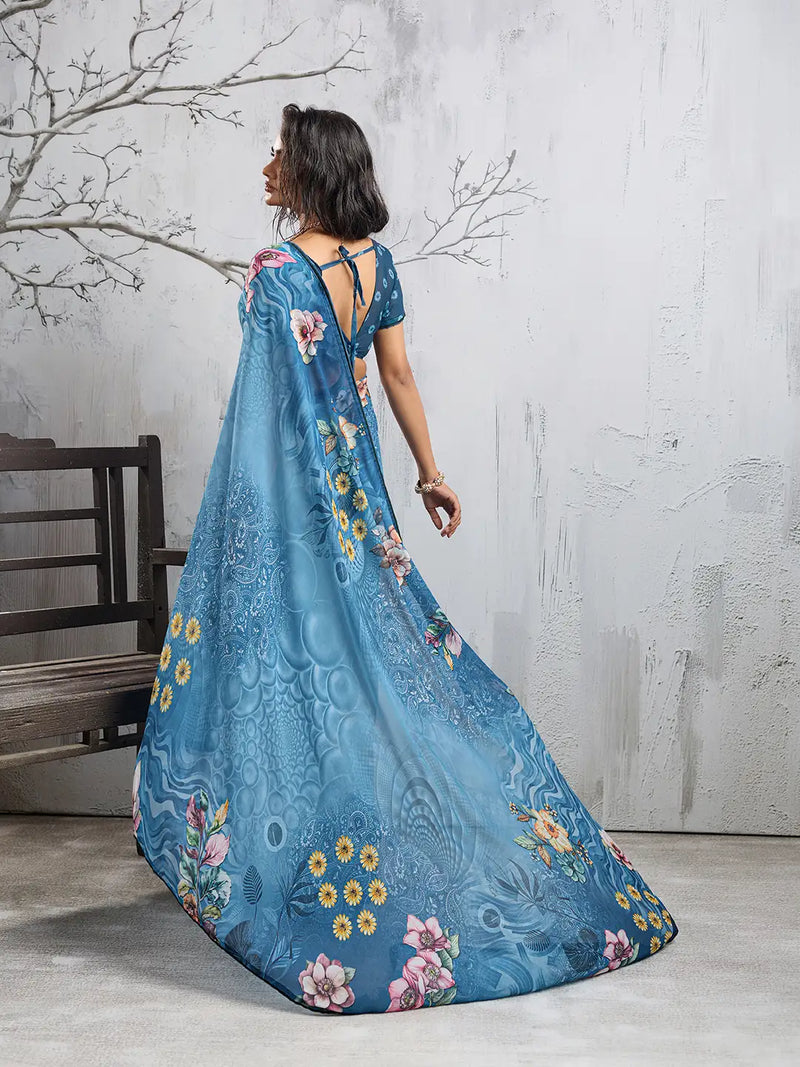 Blue Georgette Floral Printed Saree sedora couture