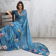 Blue Georgette Floral Printed Saree sedora couture