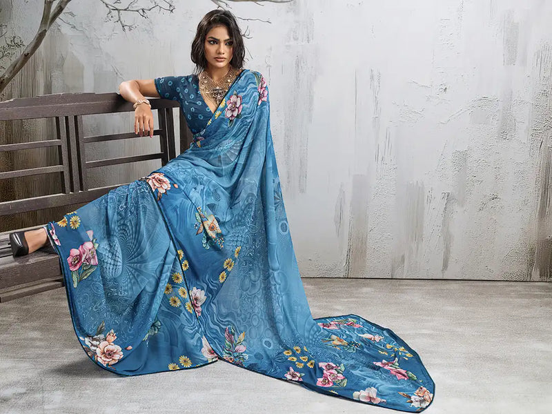 Blue Georgette Floral Printed Saree sedora couture