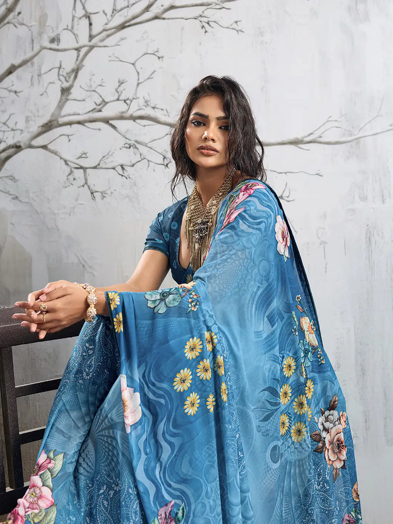 Blue Georgette Floral Printed Saree sedora couture