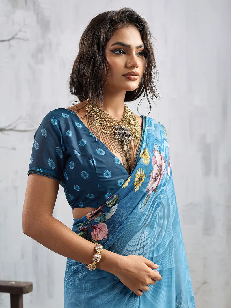 Blue Georgette Floral Printed Saree sedora couture