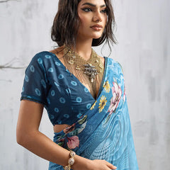 Blue Georgette Floral Printed Saree sedora couture