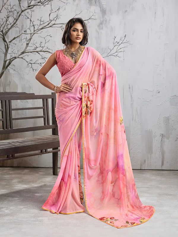 Pink Georgette Floral Printed Saree sedora couture
