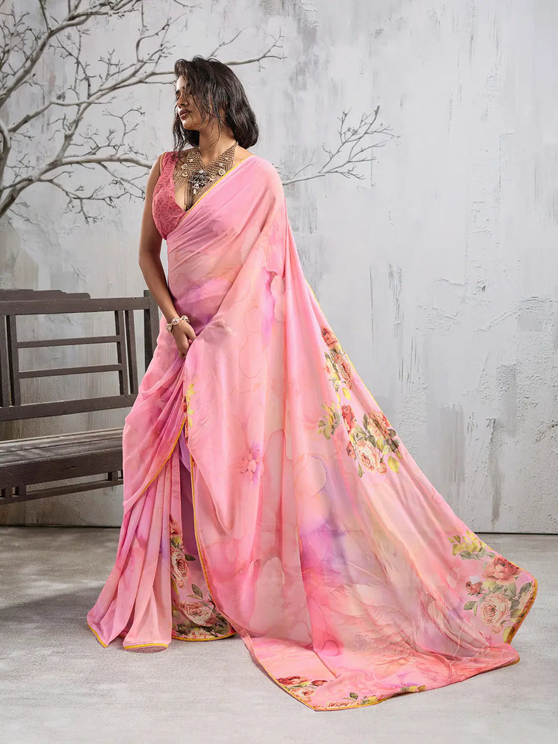 Pink Georgette Floral Printed Saree sedora couture