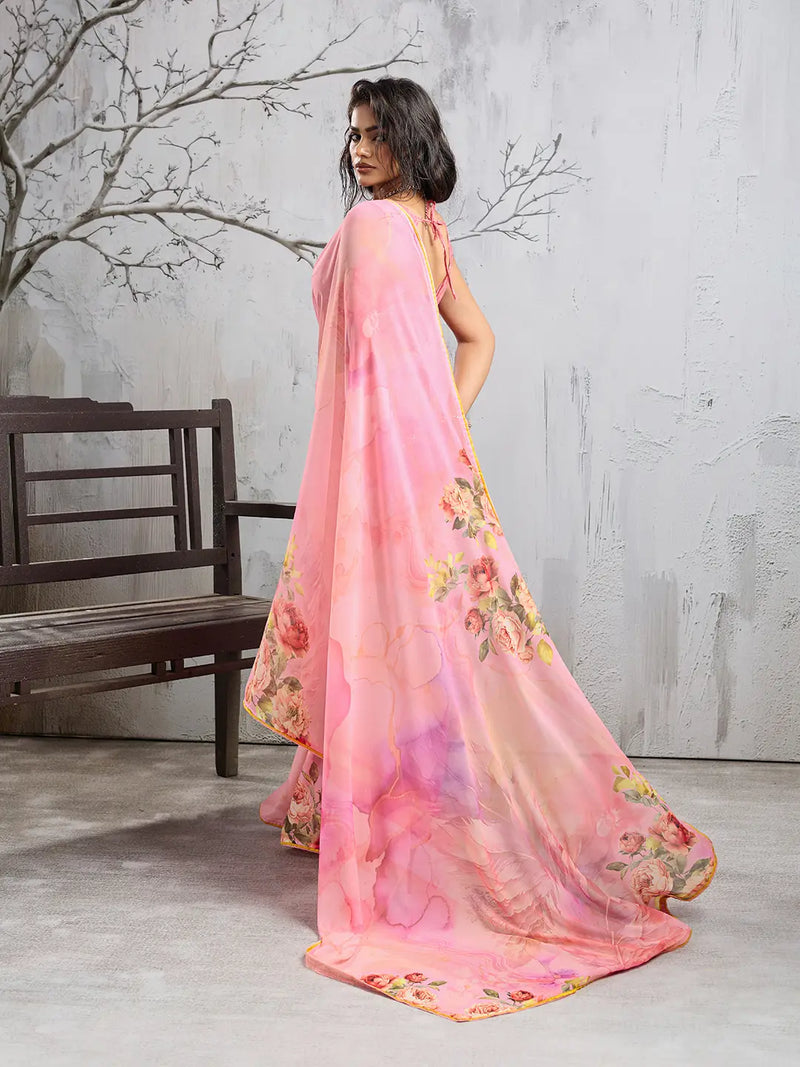 Pink Georgette Floral Printed Saree sedora couture