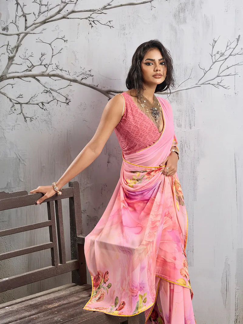 Pink Georgette Floral Printed Saree sedora couture
