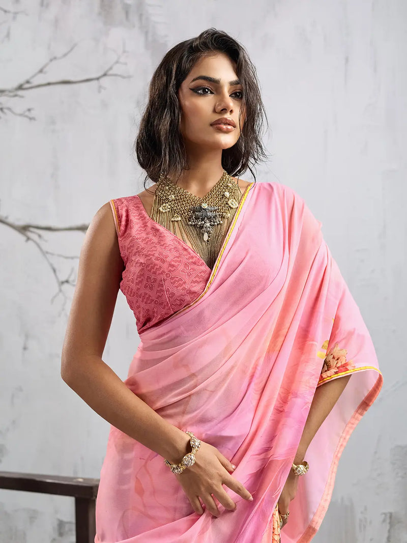 Pink Georgette Floral Printed Saree sedora couture
