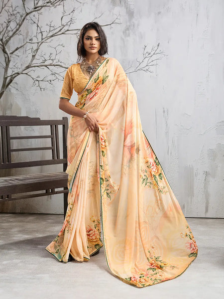 Yellow Georgette Floral Printed Saree sedora couture