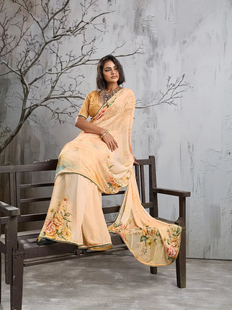 Yellow Georgette Floral Printed Saree sedora couture