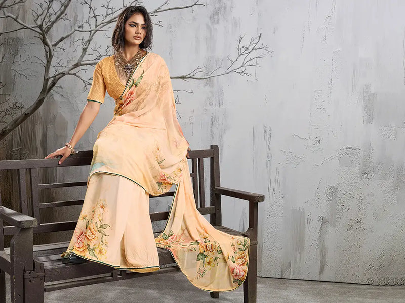 Yellow Georgette Floral Printed Saree sedora couture