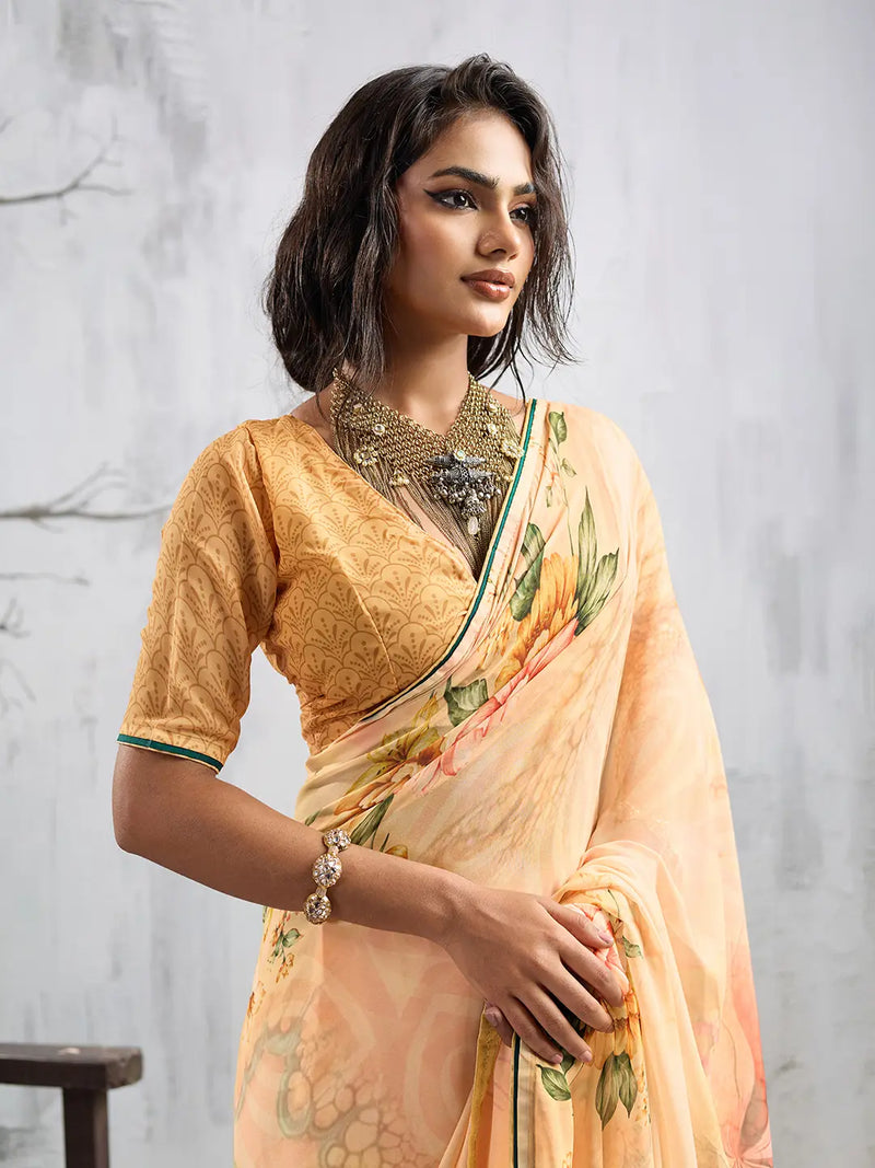 Yellow Georgette Floral Printed Saree sedora couture