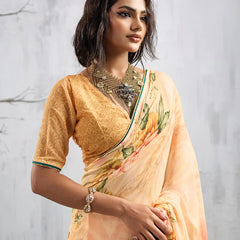 Yellow Georgette Floral Printed Saree sedora couture