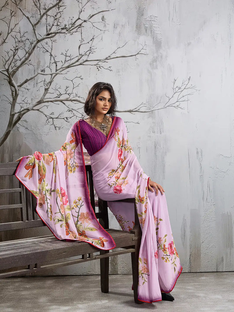 Pink Georgette Floral Printed Saree sedora couture