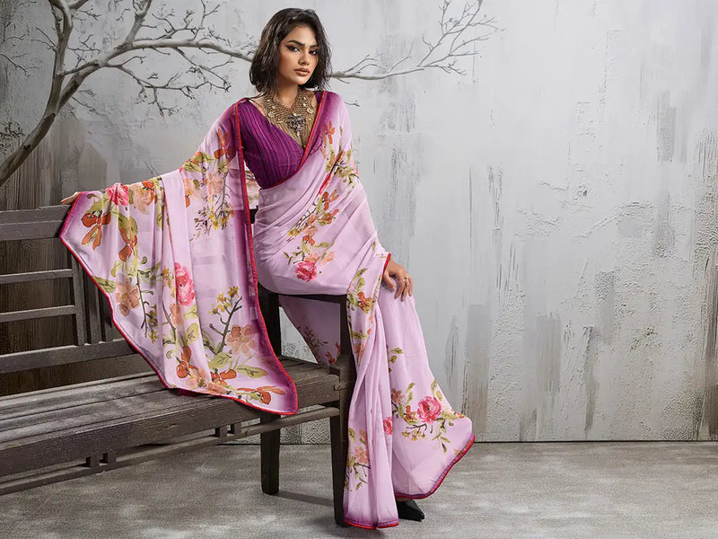 Pink Georgette Floral Printed Saree sedora couture