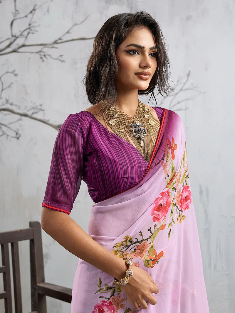 Pink Georgette Floral Printed Saree sedora couture