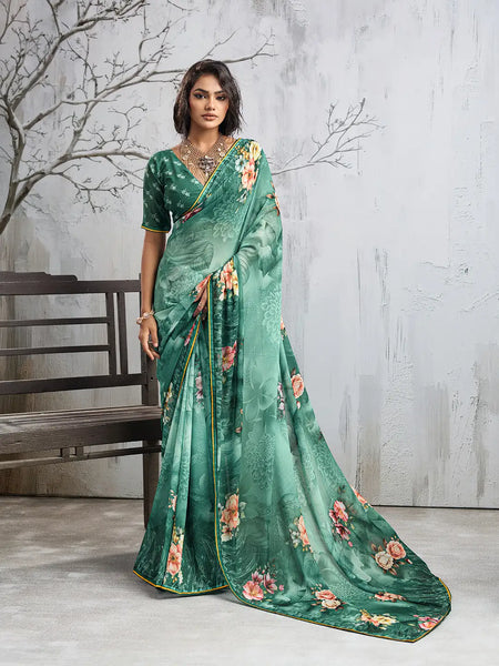 Green Georgette Floral Printed Saree sedora couture