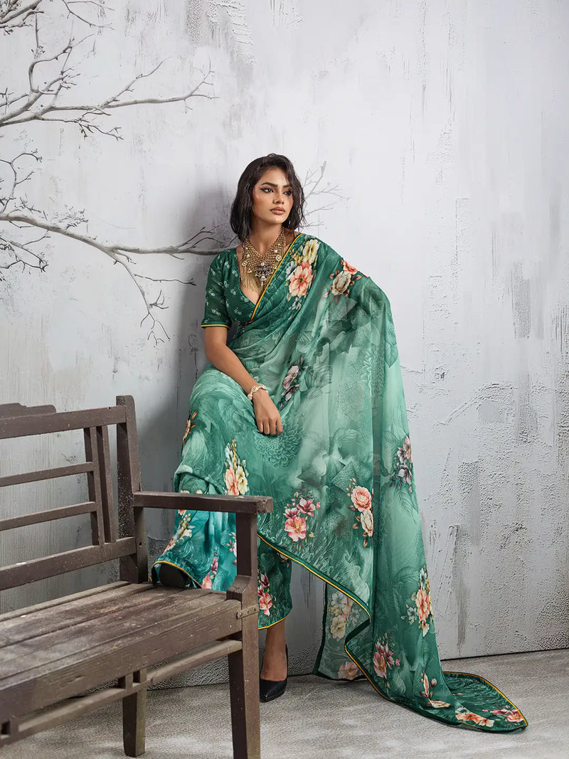 Green Georgette Floral Printed Saree sedora couture