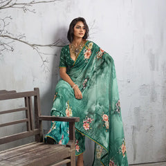 Green Georgette Floral Printed Saree sedora couture