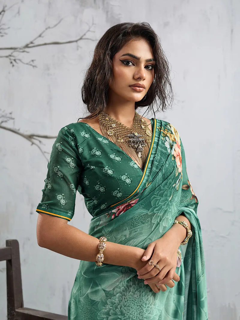 Green Georgette Floral Printed Saree sedora couture