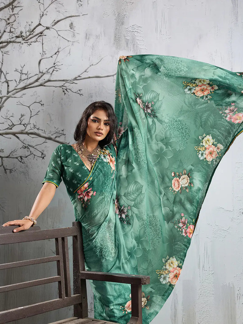 Green Georgette Floral Printed Saree sedora couture