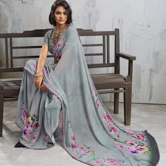 Grey Georgette Floral Printed Saree sedora couture